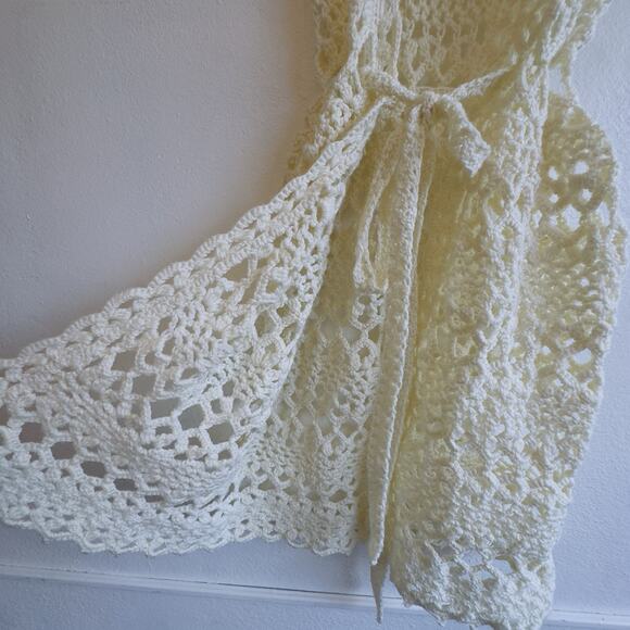 Handmade Crochet Sleeveless Cardigan Vest Ivory Tie Waist – One Size Boho Layer - Picture 3 of 8